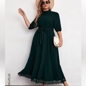 Mock Neck Eyelash Lace Dark Green Dress